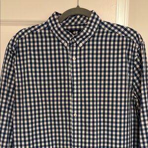 H&M Blue & White Checkered Plaid Button Up Long-Sleeve Collared Shirt Men Large